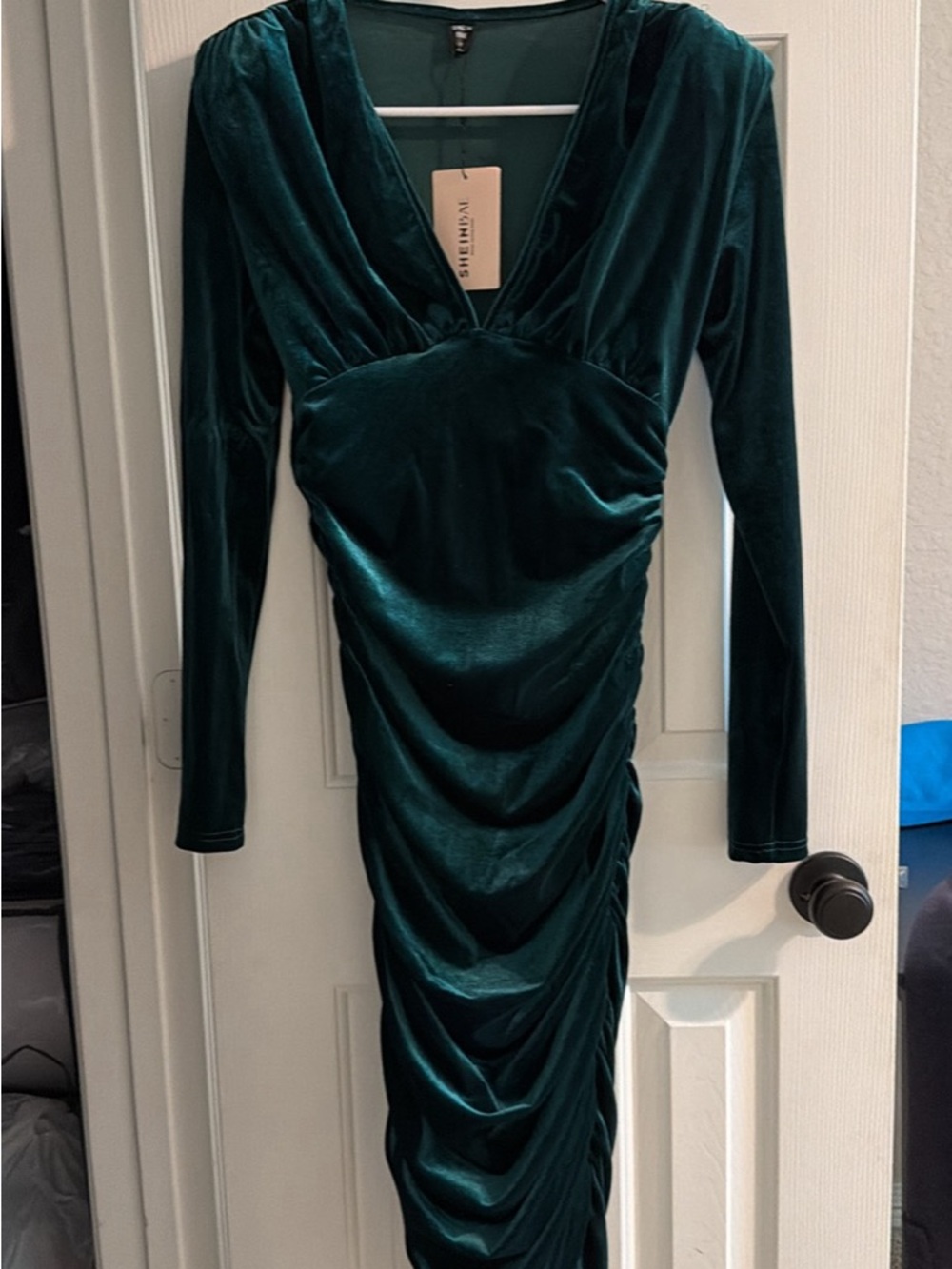 SHEIN Deep Teal Velvet V-Neck Ruched Long Sleeve Dress